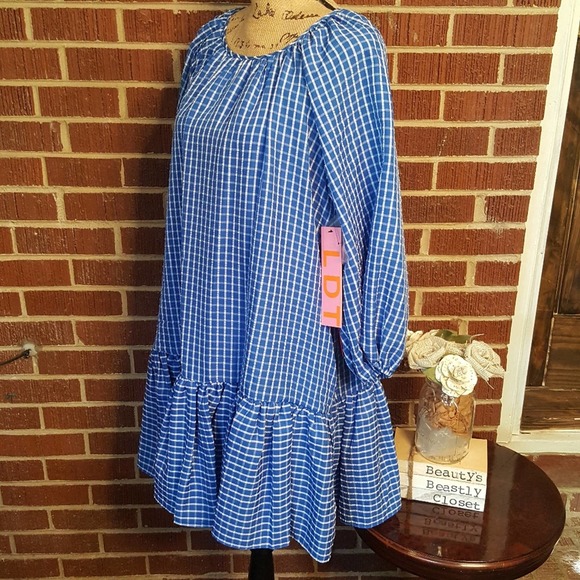 LDT Dresses & Skirts - LDT Picnic Blue White Checkered Balloon Sleeve Drop Waist Peasant Dress 12 NWT